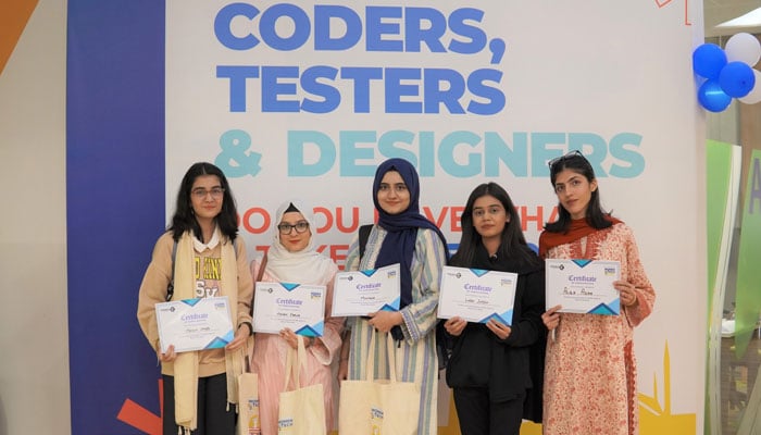 In this photo, the women are holding their certificates at the Women Tech Quest (WTQ) on March 2, 2024. — Facebook/10Pearls Pakistan