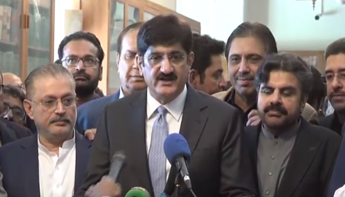 Sindh Chief Minister Syed Murad Ali Shah speaks to the media after submitting the nomination papers proposing Zardari as a candidate for the upcoming presidential election on March 2, 2024. — Facebook/Sindh Chief Minister House