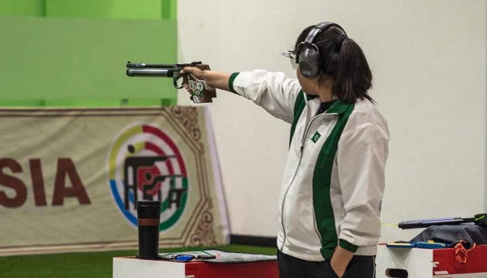 Pakistans Olympic athlete Kishmala Talat takes aim at a target in thisundated photo. — Facebook/Kishmala Talat/File