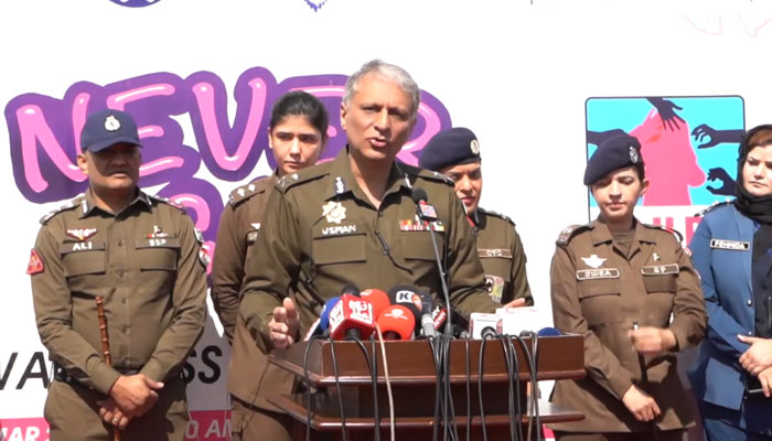 IG Dr Usman Anwar speaks to the participants during a walk to raise awareness for the protection of the rights of women on March 3, 2024i. — Facebook/Punjab Police Pakistan