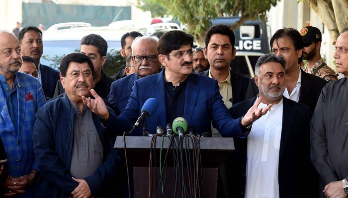 Sindh Chief Minister, Syed Murad Ali Shah talks to media persons, outside Election Commission Office in Karachi on March 3, 2024. — PPI