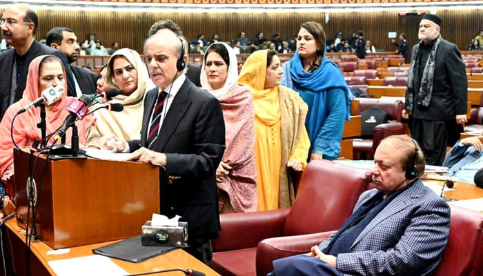 Prime Minister-elect Shehbaz Sharif addresses the National Assembly session on March 3, 2024. — PID