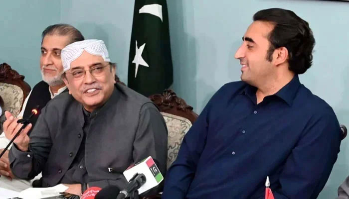 Pakistan Peoples Party (PPP) Co-Chairman, Asif Ali Zardari and PPP Chairman, Bilawal Bhutto Zardari are addressing a press conference, at Zardari House in Islamabad on March 29, 2022. — PPI