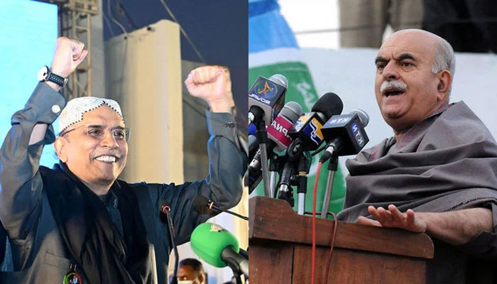 This image shows Mahmood Khan Achakzai (right) delivering a speech during a rally in Rawalpindi on February 14, 2008, and Asif Ali Zardari gesturing towards supporters during a campaign rally for the general elections in Garhi Khuda Bakhsh village, Larkana on December 27, 2023. — AFP