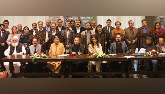 This image shows the Annual Meeting of the APNS General Council held at APNS House, Karachi on March 02, 2024. — APP
