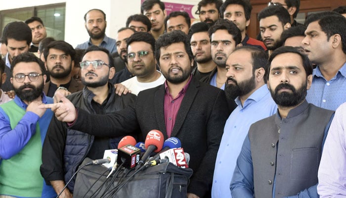 Chairman Young Doctor Association Dr Sulman Haseeb addresses during a press conference at Mayo Hospital, in Lahore on March 4, 2024. — Online
