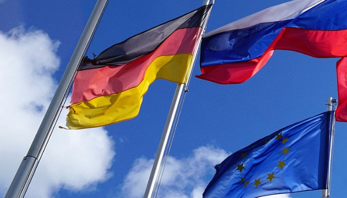 Flags of Germany, Russia and the European Union are seen at an undisclosed location. Pixabay/File