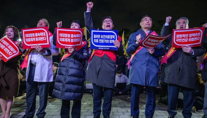 Doctors protest against the government’s plan to raise the annual enrollment quota at medical schools in Seoul on February 15, 2024. — AFP