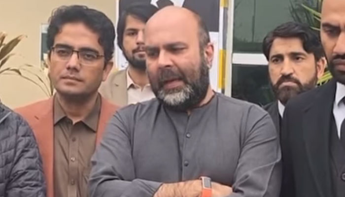 Pakistan Tehreek-e-Insaf (PTI) leader and former provincial minister Taimur Salim Jhagra speaks to media persons on March 5, 2024. — Screengrab/Facebook/Taimur Khan Jhagra
