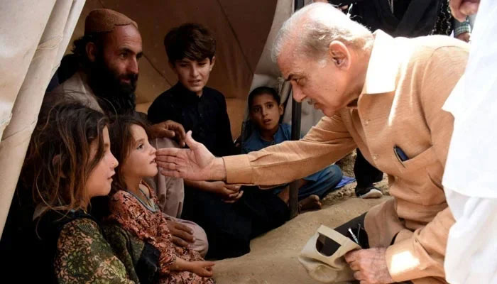 Prime Minister Shahbaz Sharif visits a relief camp near Quetta during the Balochistan visit to oversee rescue efforts. — PM Office/File