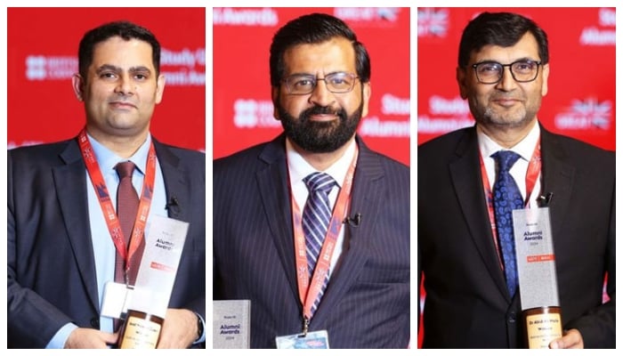 (From left to right) Saad Masood Zuberi, Tanvir Ahmed and Abid Ali Malik are seen posing as they were among the winners of Study UK Alumni Awards Pakistan 2024. — Facebook/British Council Pakistan