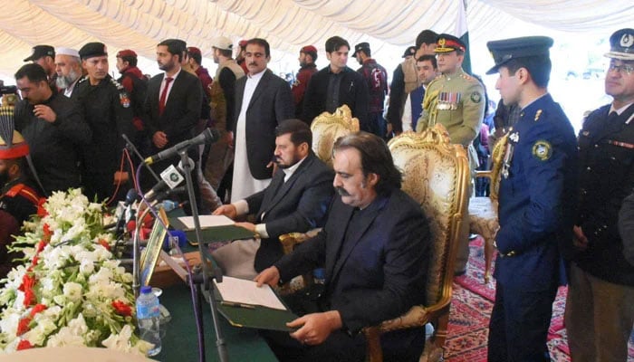 In this photo, the newly elected Chief Minister of Khyber Pakhtunkhwa Ali Amin Gandapur is taking Oath on March 1, 2024. — Facebook/Ali Amin Khan Gandapur