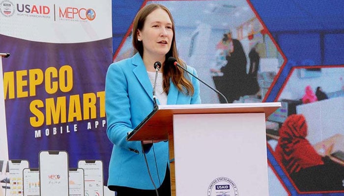 US Consul General in Lahore Kristin K. Hawkins addressing the inauguration ceremony of a new U.S.-funded MEPCO Customer Facilitation Center at Shah Yousaf Gardez on March 5, 2024. — APP