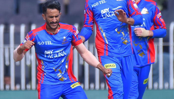 Karachi Kings Hasan Ali celebrates after taking the wicket of Quetta Gladiators Khawaja Nafay during the PSL match between Karachi Kings and Quetta Gladiators at the Rawalpindi Cricket Stadium on March 6, 2024. — Online