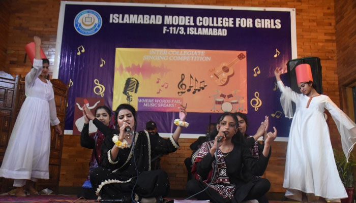 Students sing during an intercollegiate singing competition at IMCG, F-11/3 on March 6, 2024. — Facebook/Islamabad Model college for girls F11/3