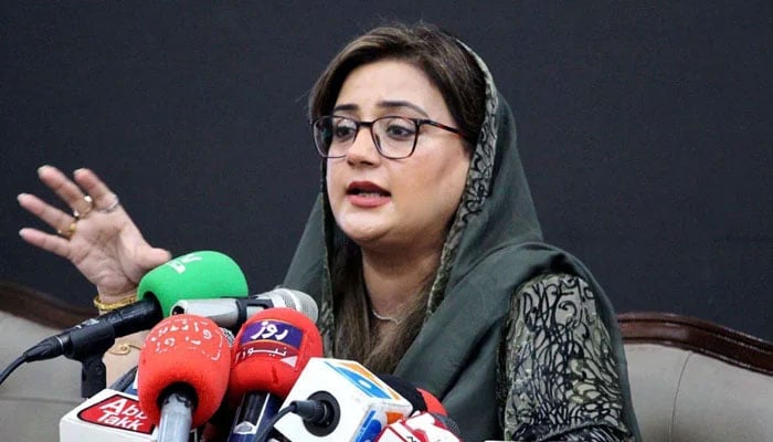 Minister for Information Azma Bukhari addresses to media persons during press conference in Lahore on March 2, 2024. — PPI