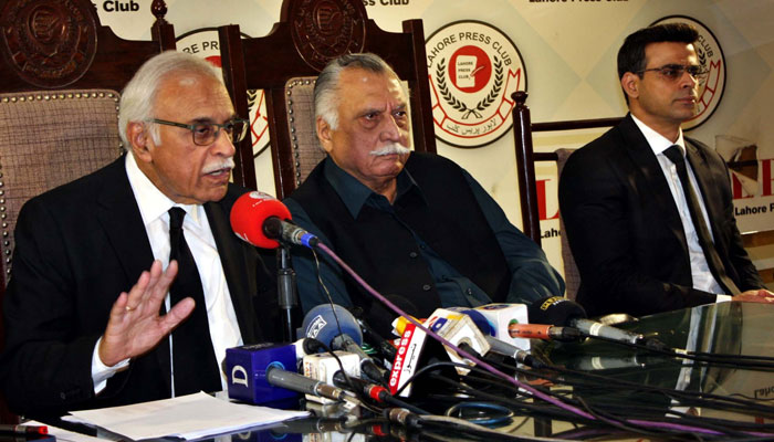 Former Advocate General of Punjab (AGP), Ahmad Awais addresses to media persons during press conference, at Lahore press club on March 6, 2024. — PPI