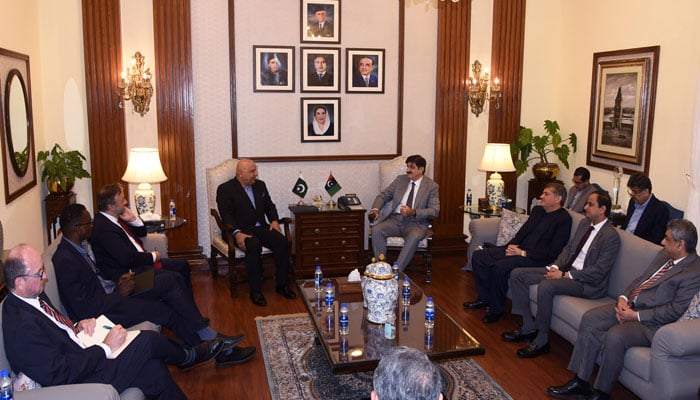 Sindh Chief Minister Syed Murad Ali Shah meets with World Bank high-power delegation led by Water Global Director Mr Saroj Kumar Jha and Country Director Mr Najy Benhassine at CM House on March 6, 2024. — Facebook/Sindh Chief Minister House