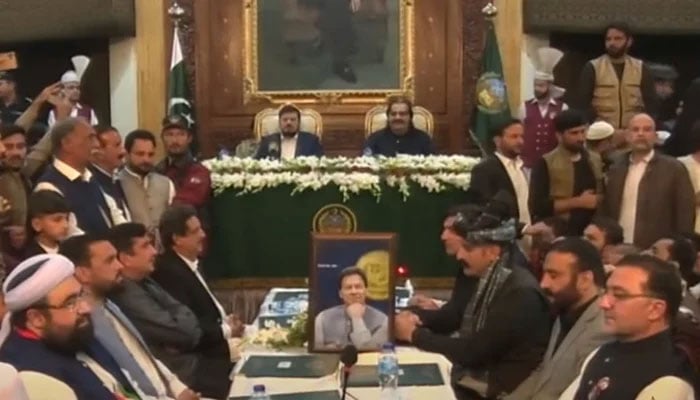 Fifteen Khyber Pakhtunkhwa ministers during the oath-taking ceremony in Peshawar, on March 6, 2024, in this still taken from a video. — YouTube/Geo News