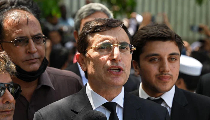 Pakistan Tehreek-e-Insaf (PTI) Chairman Barrister Gohar Ali Khan talks to the media as he arrives to attend a hearing at the High Court in Islamabad. — AFP/File