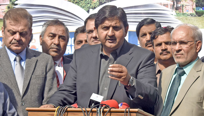 Speaker Punjab Assembly Malik Muhammad Ahmed Khan talks to media persons during inauguration ceremony of Kitab Mela at Punjab University, in Lahore on March 7, 2024. — Online