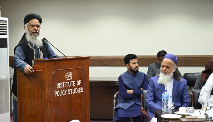 Prof. Dr. Asad Zaman, former vice chancellor Pakistan Institute of Development Economics (PIDE), Islamabad speaks during a lecture on ‘Decolonization of Education in this image released on February 23, 2024. — Facebook/IPS - Institute of Policy Studies, Islamabad