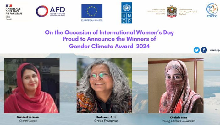 The proud winners of the Pakistan Gender Climate Award 2024 are: Qandeel Rehman, (Climate Action), Umbreen Arif (Green Business), and Khalida Niaz (Young Climate Journalism). — Islamabad Post