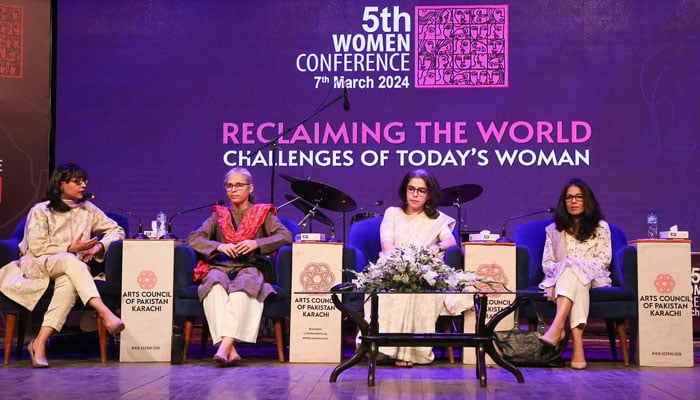 Participant speaks during the panel discussion titled ‘Reclaiming The World: Challenges of Today’s Woman’ at the Fifth Women’s Conference at ACP on March 7, 2024. — Facebook/Arts Council of Pakistan Karachi