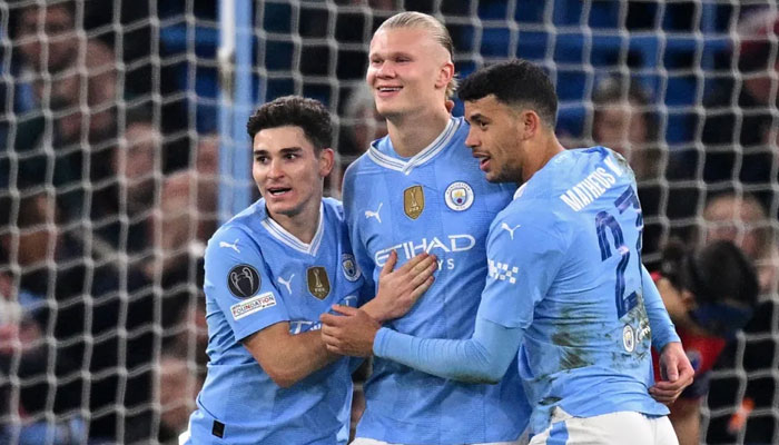 Manchester City player Erling Haaland (C) has 29 goals for Man City this season. — AFP/ File