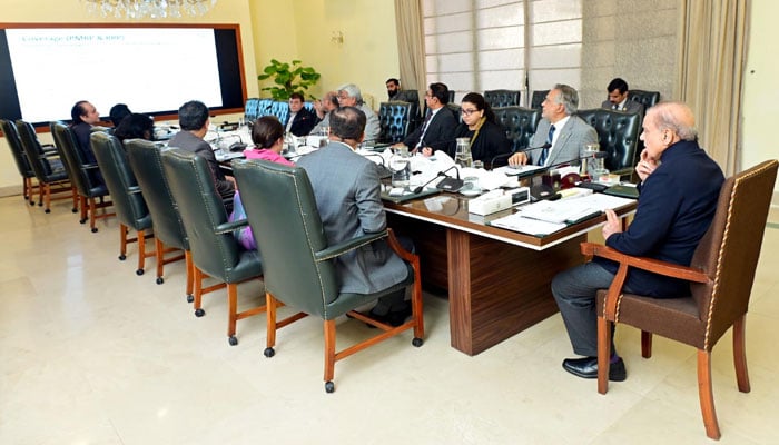 Prime Minister Shehbaz Sharif chairs a meeting regarding  PMs Ramadan relief package and the Benzazir Income Support Programme in Islamabad on Mar 7, 2024. —PID