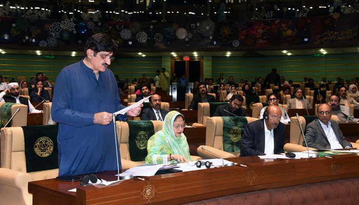 Sindh Chief Minister, Syed Murad Ali Shah presents resolution to urge the federal government to declare Shaheed Zulfiqar Ali Bhutto as National Democratic Hero, at Sindh Assembly in Karachi on March 7, 2024. — PPI