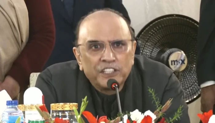 PPP’s nominee for president’s slot Asif Ali Zardari addresses the dinner hosted by Prime Minister Shehbaz Sharif in Islamabad on March 7, 2024, in this still taken from a video. — Geo News