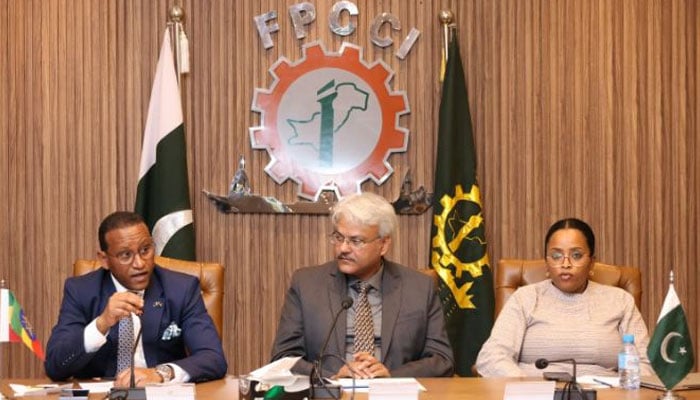 Ethiopias Ambassador to Pakistan Jemal Beker Abdula (L) Addressing a Business Forum on Ethiopia-Pakistan Bilateral Trade at Federation of Pakistan Chambers of Commerce & Industry, Lahore on March 8, 2024. — APP