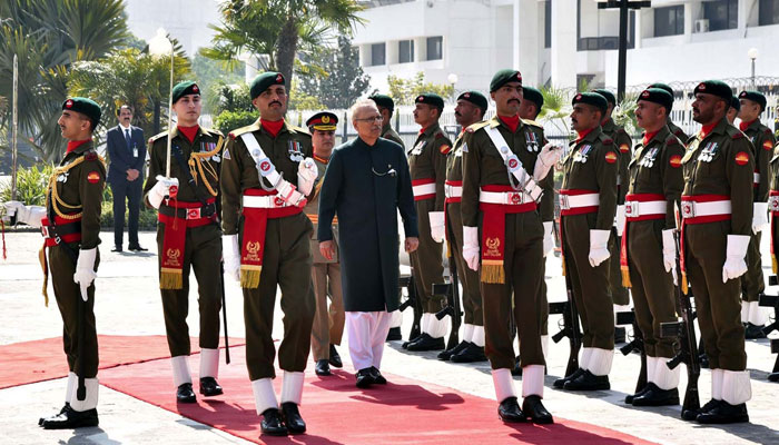 President, Dr. Arif Alvi being presented with the farewell Guard of Honor, at Aiwan-e-Sadr in Islamabad on March 8, 2024. — PPI
