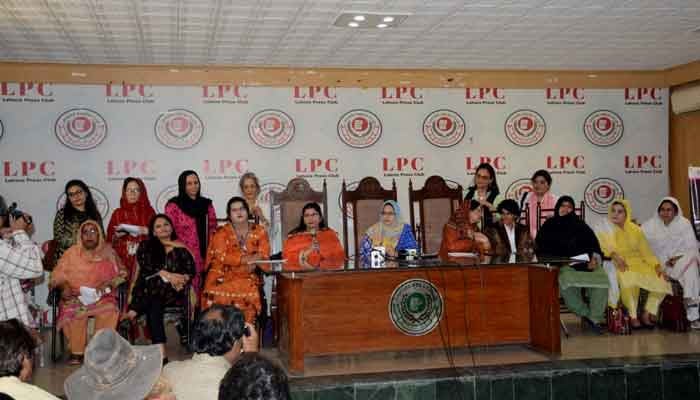 Representatives of Shirkat Gah’s Women Political Forum from Punjab, Balochistan, Khyber-Pakhtunkhwa, and Sindh during a press conference at the Lahore Press Club. — Provided by reporter/File