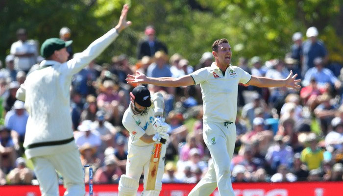Australias Josh Hazlewood appeals for LBW against New Zealands Kane Williamson on day one of the second Test between the two teams. — AFP/File