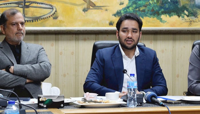 Punjab Minister for Sports and Youth Affairs Faisal Khokhar addressing a press conference at the National Hockey Stadium, Lahore on Mar 8, 2024. — Instagram/sportsboardpunjab
