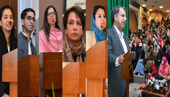 Speakers addressing a seminar titled Empower Her: Unlocking Potential hosted by International Islamic University (IIUI), in collaboration with the Ministry of Human Rights on Mar 8, 2024. — IIUI website