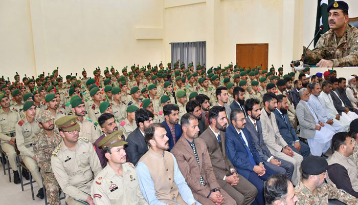 Army Chief General Asim Munir interacting with Awaran dignitaries and farmers, faculty members, and students of Cadet College Awaran in Awaran district of Balochistan on March 8, 2024. — Radio Pakistan