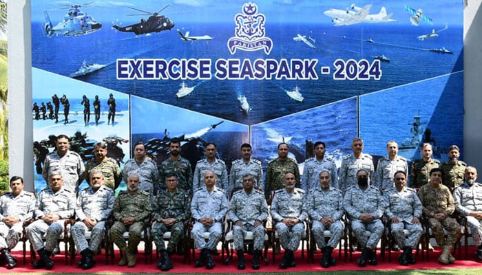This image shows the Pakistan Navys key maritime exercise Seaspark-24 in Karachi with the demonstration of practical actions of all naval combat assets on March 8, 2024. — Radio Pakistan