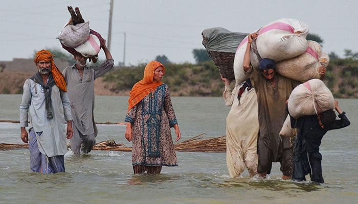 Villagers carrying animal feed wade through flood waters following monsoon rainfalls. — AFP/File