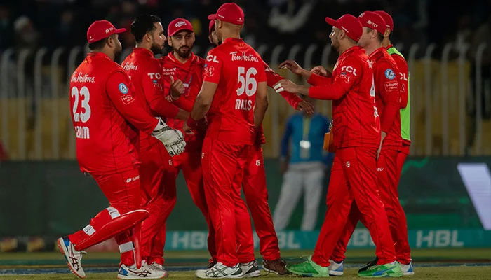 Islamabad United players celebrate a wicket during match against Karachi Kings on March 7, 2024. — PCB