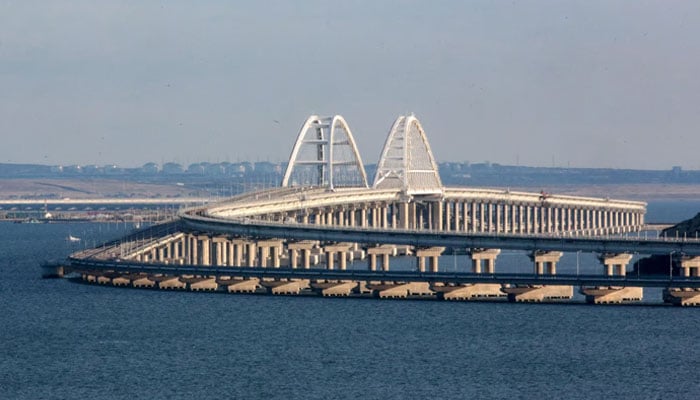A view shows the Crimean bridge connecting the Russian mainland with the peninsula across the Kerch Strait, Crimea. — AFP/File