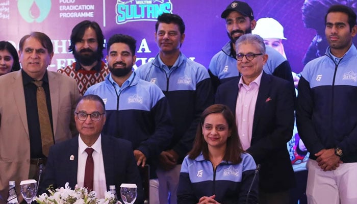 A pose for group photo during MOU signing ceremony between Multan Sultans and the National Emergency Operations Centre for Polio Eradication at an event in Islamabad on March 8, 2024. — Facebook/Multan Sultans