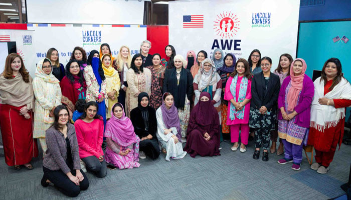 Women participants pose for photograph at fourth Pakistan cohort of its “Academy for Women Entrepreneurs” (AWE) program at the Lincoln Reading Lounge at the National Library of Pakistan on March 9, 2024. — Facebook/U.S. Embassy Pakistan