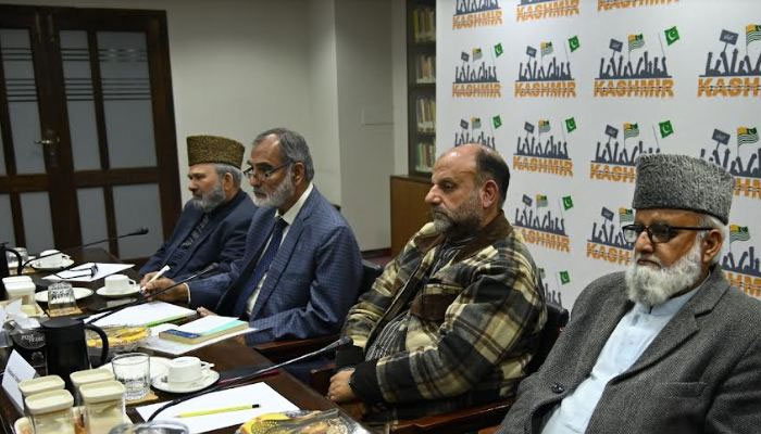 Participants sit during the ocassion of 20th death anniversary of  on Dr. Ayub Thakur, Kashmiri political activist and founder of London-based World Kashmir Freedom Movement (WKFM) on March 10, 2024. — Islamabad Post