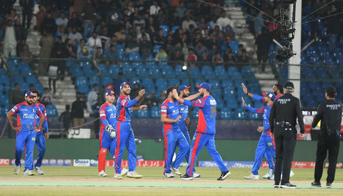 Karachi Kings players celebrate during the PSL match against Lahore Qalandar’s at the National Stadium Karachi on March 9, 2024. — Online