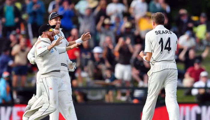 New Zealands Ben Sears celebrates the wicket of Australias Cameron Green on day three of the second Test in Christchurch on March 10, 2024. — AFP