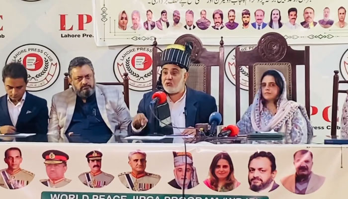 Rayatullah Khan (Khan Baba) Chairman World Peace Jirga Programme (WPJP) (C) speaks during a press conference at Lahore Press Club on March 8, 2024. — Facebook/Khan Baba Khan