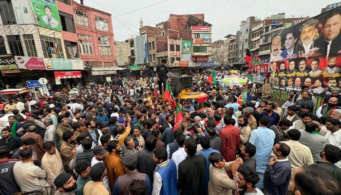 PTI supporters hold protest in Faisalabad against alleged rigging in February 8 elections on March 10, 2024. — X/@PTIofficial